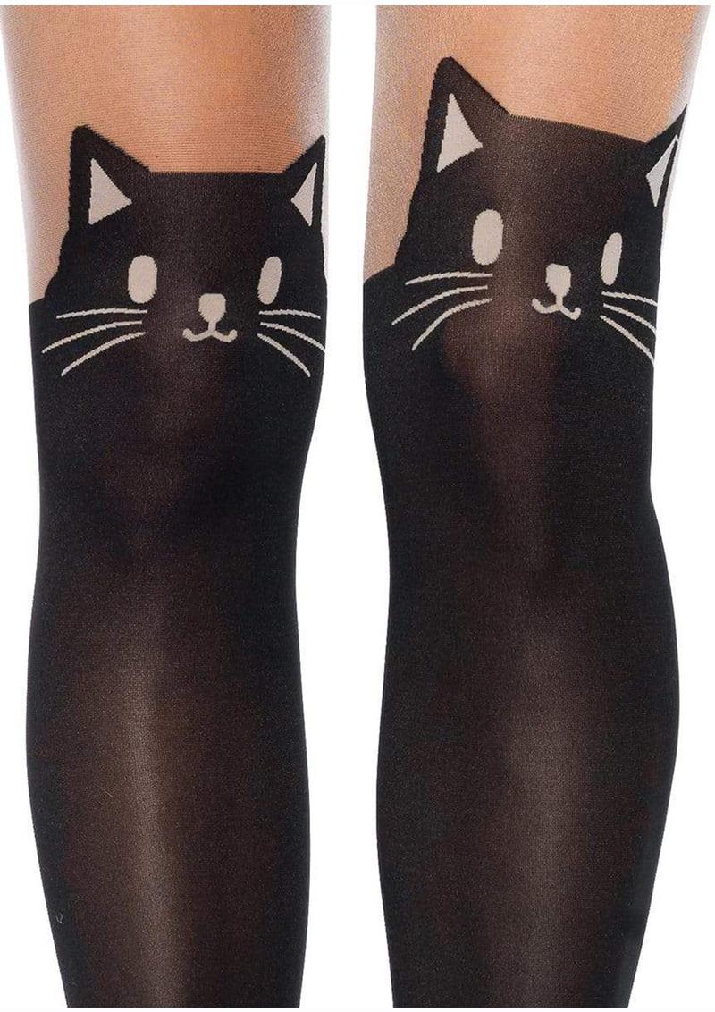 Black Cat Spandex Opaque Pantyhose with Sheer Thigh Accent - Image 2