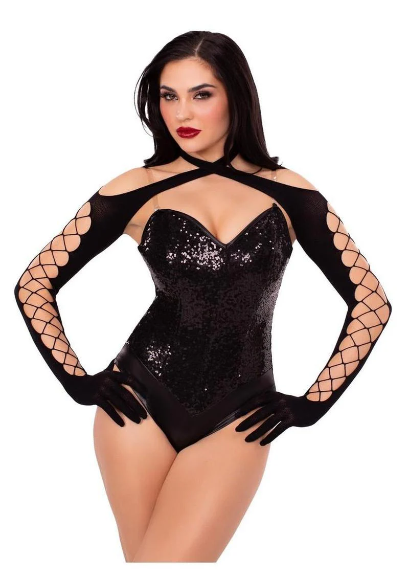 Black Net & Opaque Crossover Halter Shrug With Gloves - Image 4