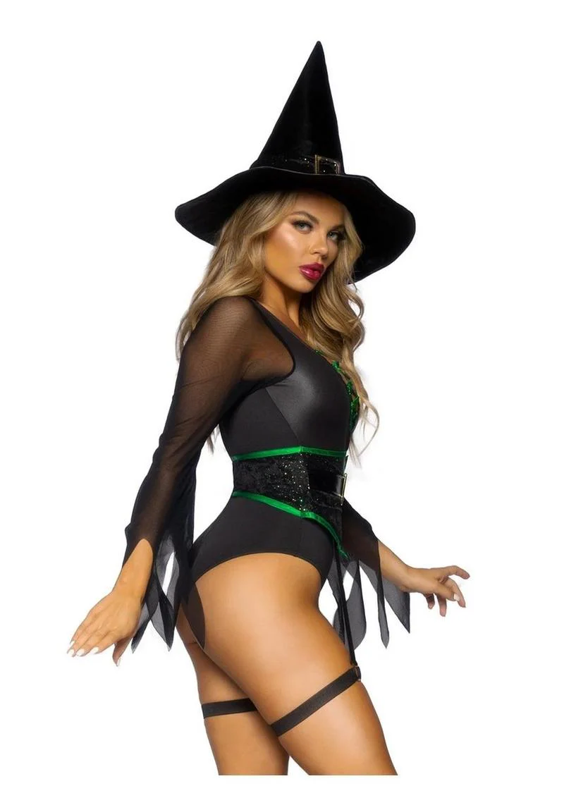 Broomstick Babe Witch Bodysuit With Lace-Up V - Image 2