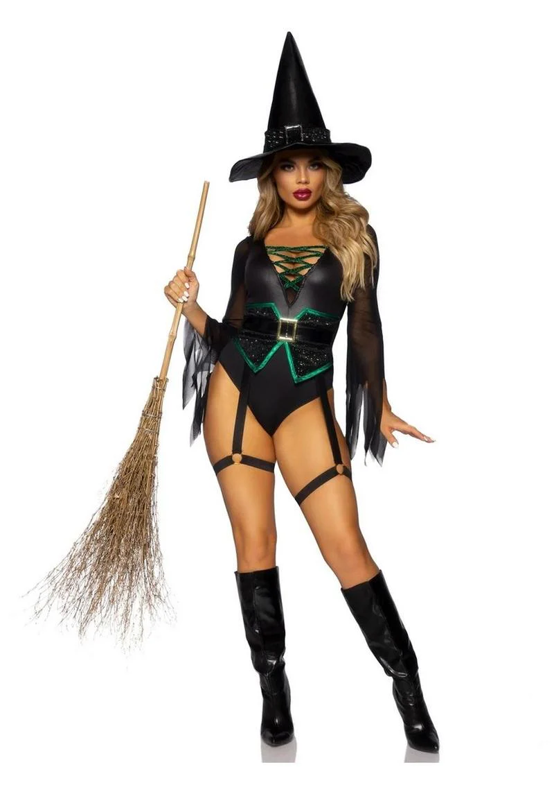 Broomstick Babe Witch Bodysuit With Lace-Up V - Image 4