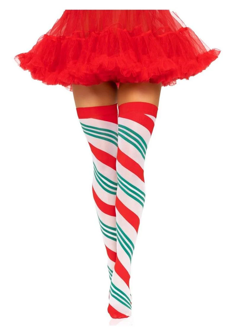 Candy Cane Striped Thigh High Stockings - Image 3