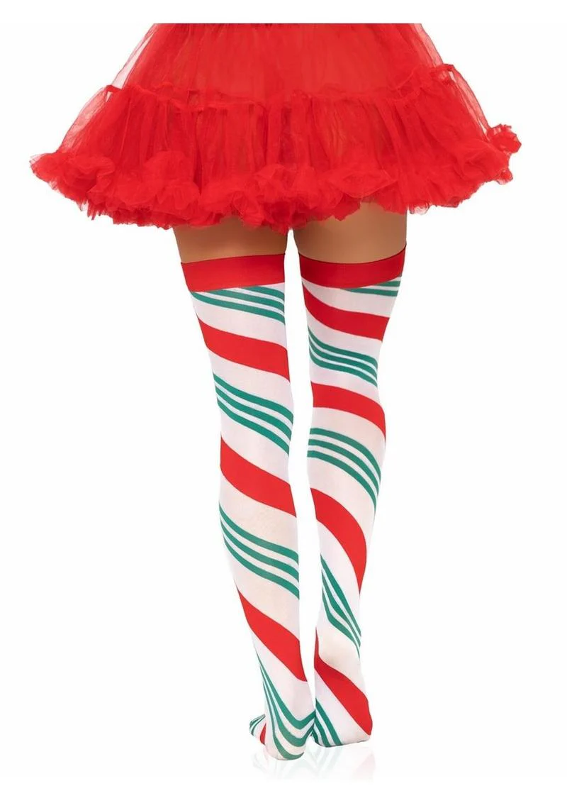 Candy Cane Striped Thigh High Stockings - Image 4