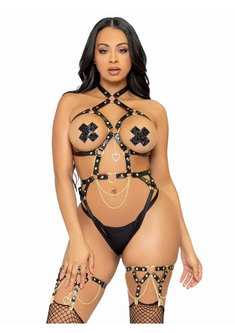 Convertible Vegan Leather Heart-Ring Studded Harness Teddy - Image 6