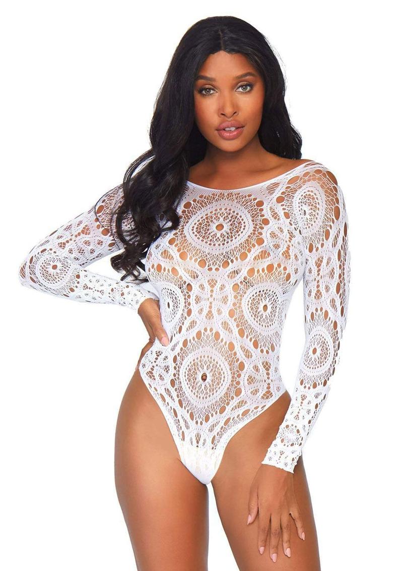 Crochet Lace Long Sleeved Snap Crotch Thong Back Bodysuit - Image 5