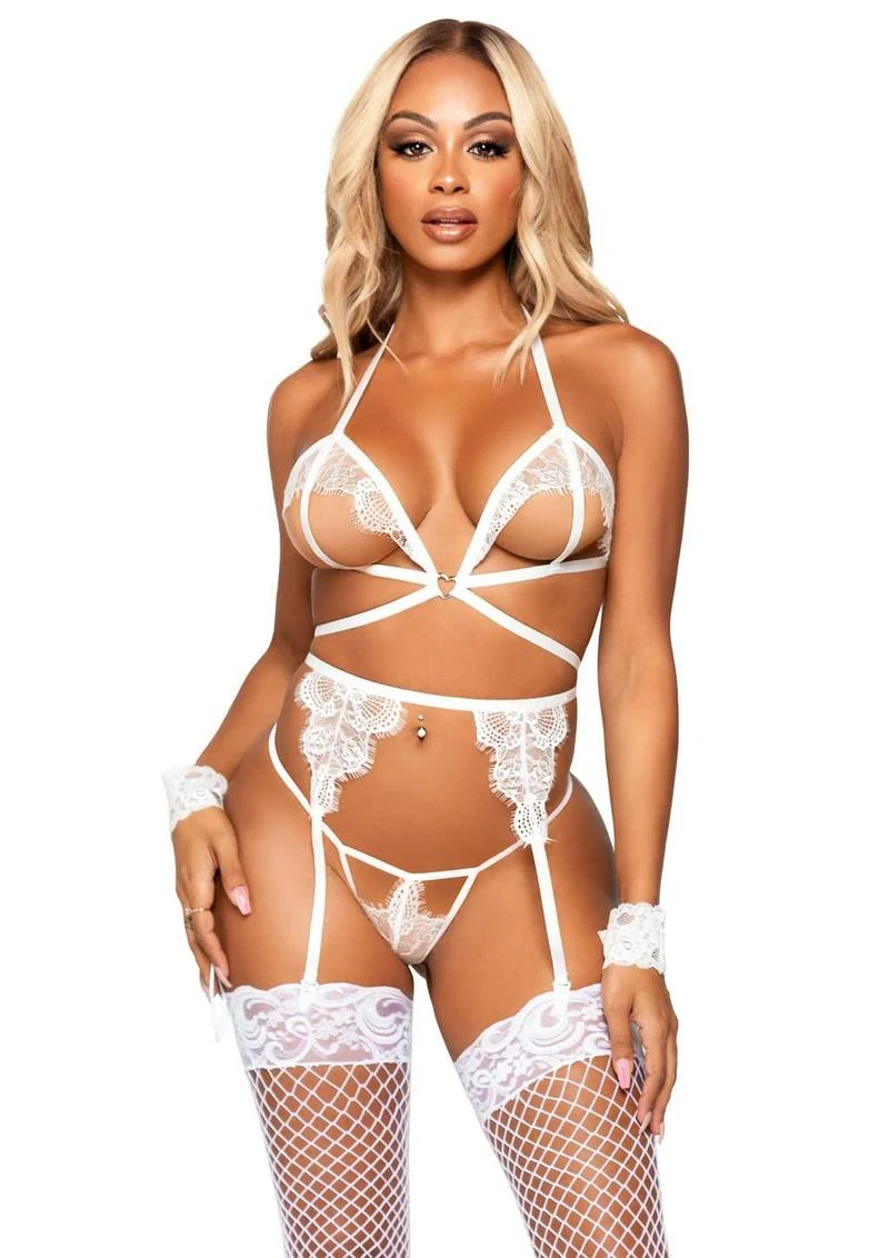 Eyelash Lace Cage Strap Open Cup Bra with Heart Ring Accent - Image 8