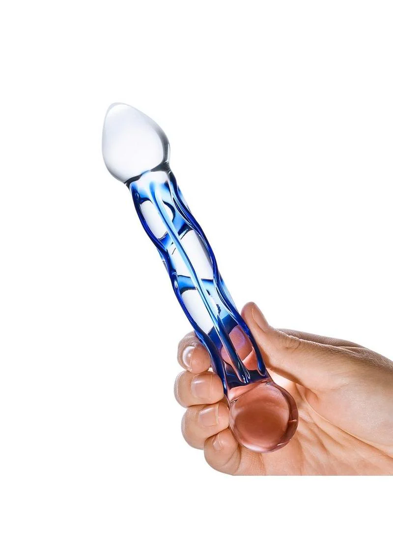Glas Full Tip Textured Glass Dildo with Blue Design - Image 3