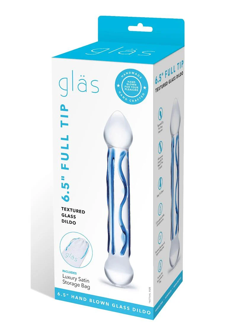Glas Full Tip Textured Glass Dildo with Blue Design - Image 4