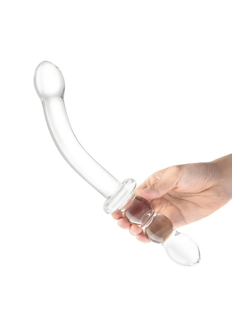 Glas Girthy Ribbed G-Spot Glass Dildo Double-Ended with Handle Grip - Image 3
