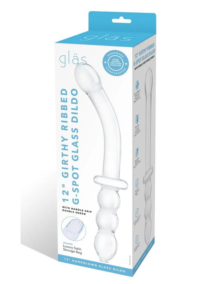 Glas Girthy Ribbed G-Spot Glass Dildo Double-Ended with Handle Grip - Image 4