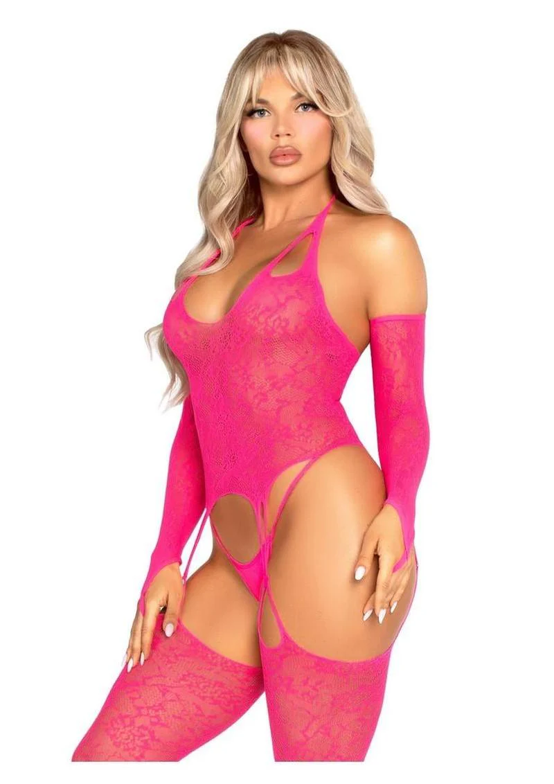 Halter Lace Footless Cami Garter Bodystocking With Toe Loops - Image 2