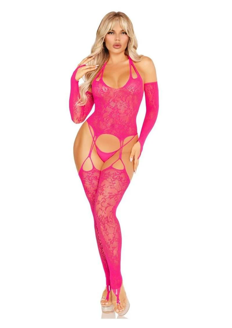 Halter Lace Footless Cami Garter Bodystocking With Toe Loops - Image 4