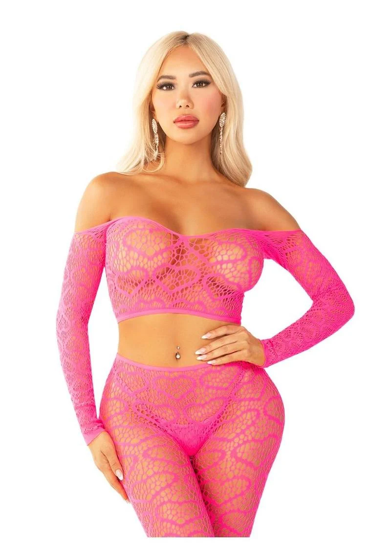 Heart Net Off The Shoulder Crop Top and Footless Tights - Image 4