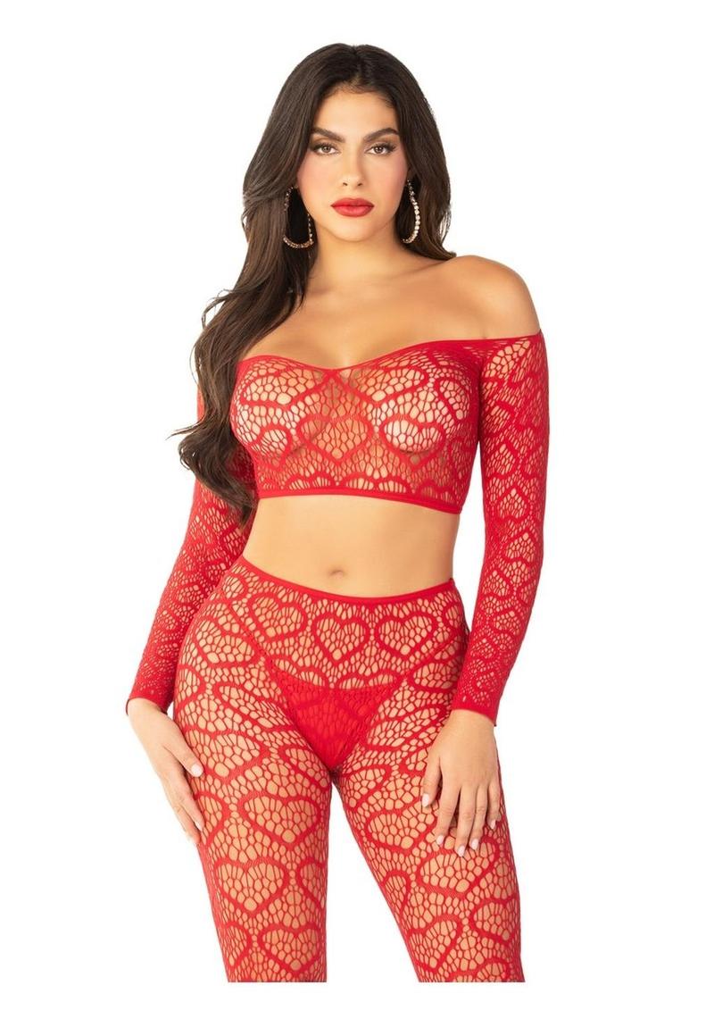 Heart Net Off The Shoulder Crop Top and Footless Tights - Image 8
