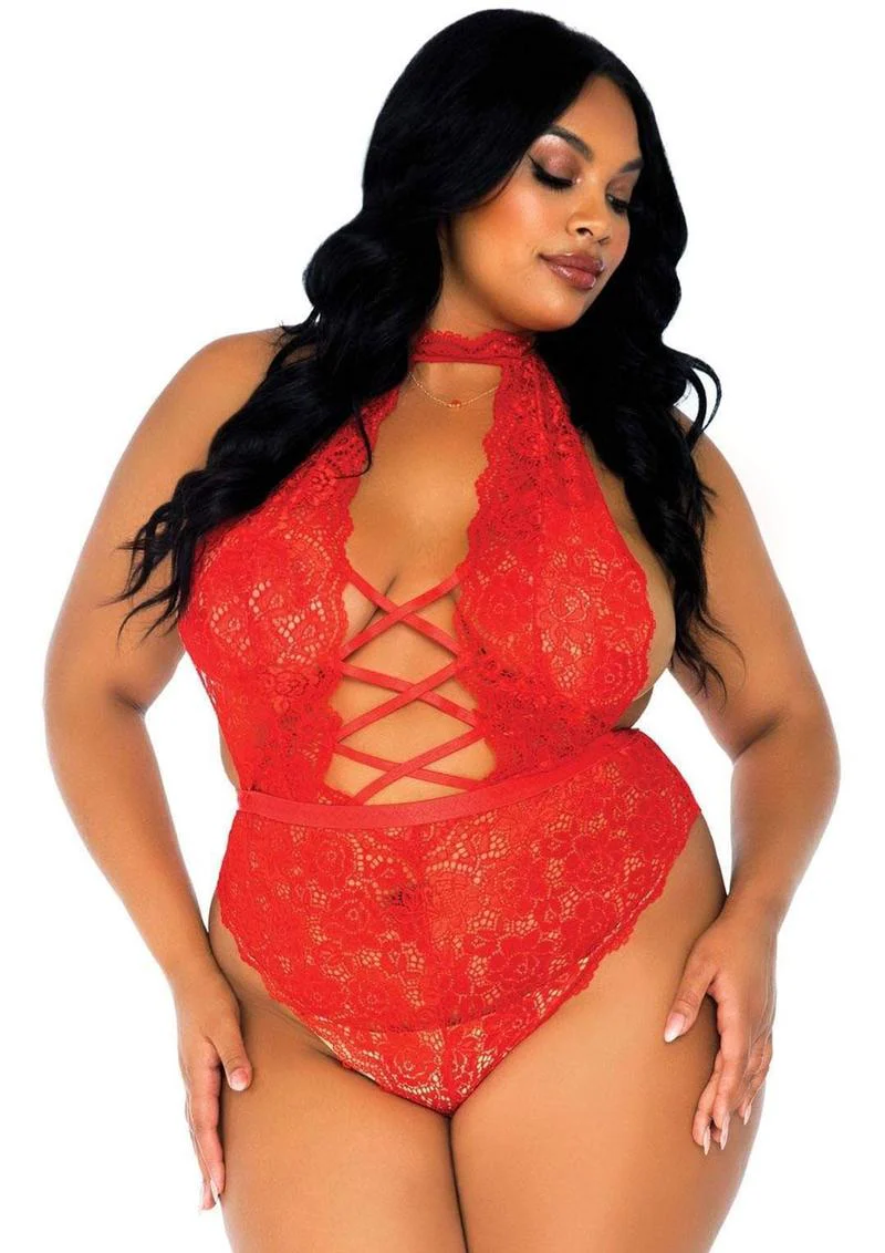 High Neck Floral Lace Backless Teddy - Image 3
