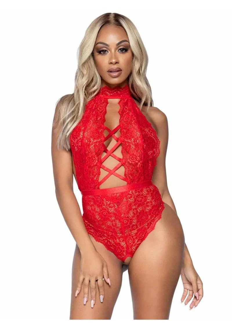 High Neck Floral Lace Backless Teddy With Lace-Up Accent - Image 5