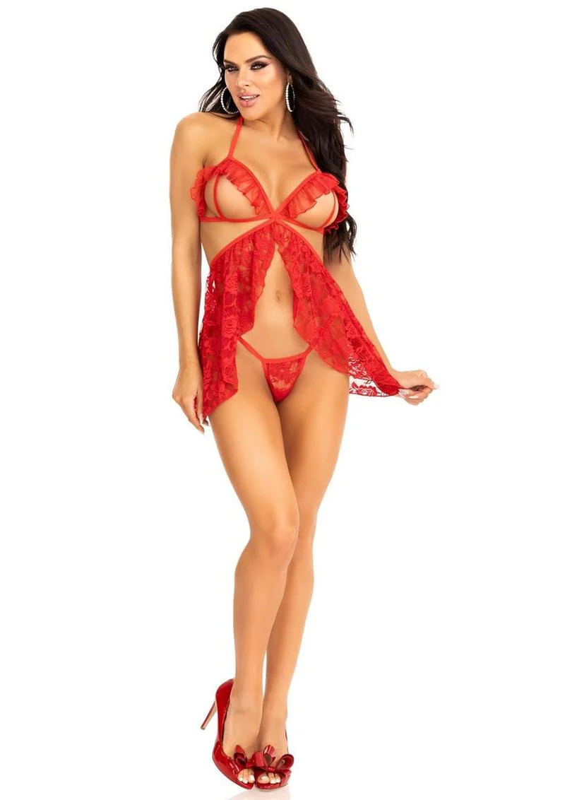 Lace Flyaway Babydoll with Ruffle Peek-a-Boo Cups and Lace G-String - Image 3