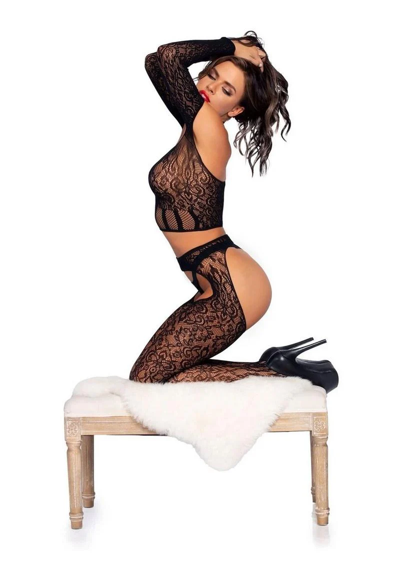 Lace Long Sleeve Halter Choker Crop Top, Lace Suspender Hose - Image 4