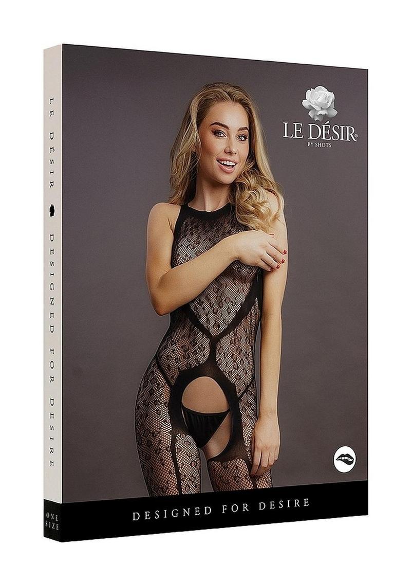 Le Désir Crotchless Leopard Bodystocking One Size - Black - Image 4