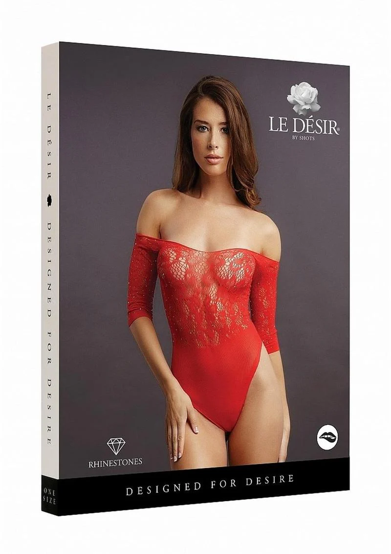 Le Désir Crotchless Rhinestone Teddy - Red - Image 4