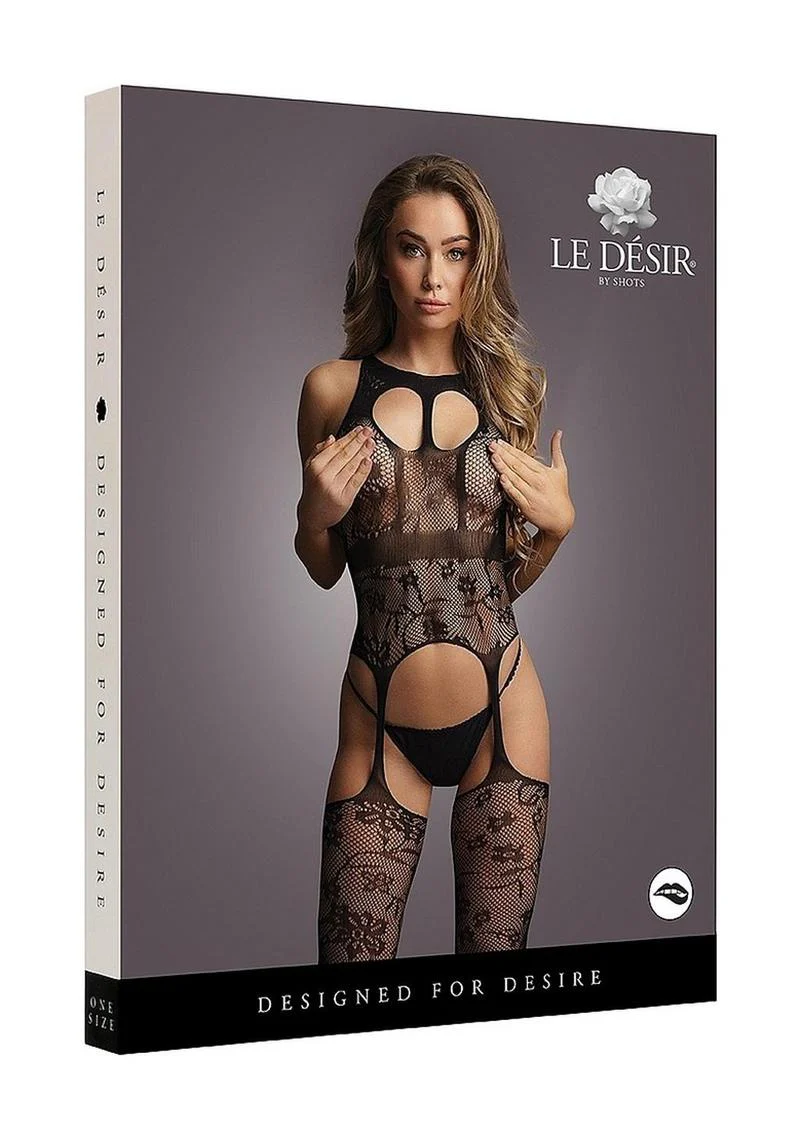 Le Désir Black Lace Suspender Bodystocking with Round Neck - Image 4