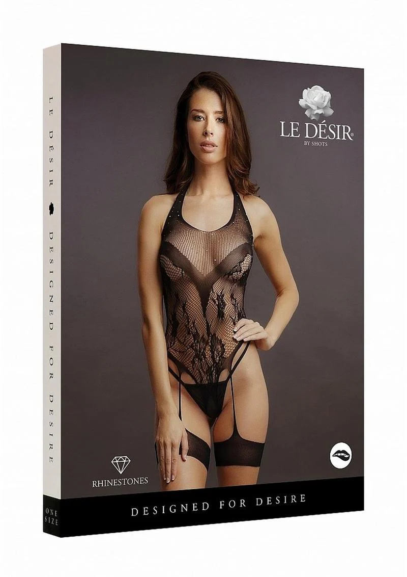 Le Désir Crotchless Rhinestone Halter Teddy - Image 4