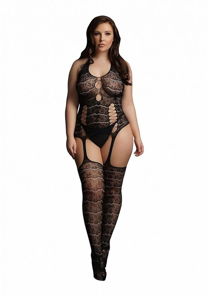 Le Desire Lace Suspender Bodystocking - Black - Image 3