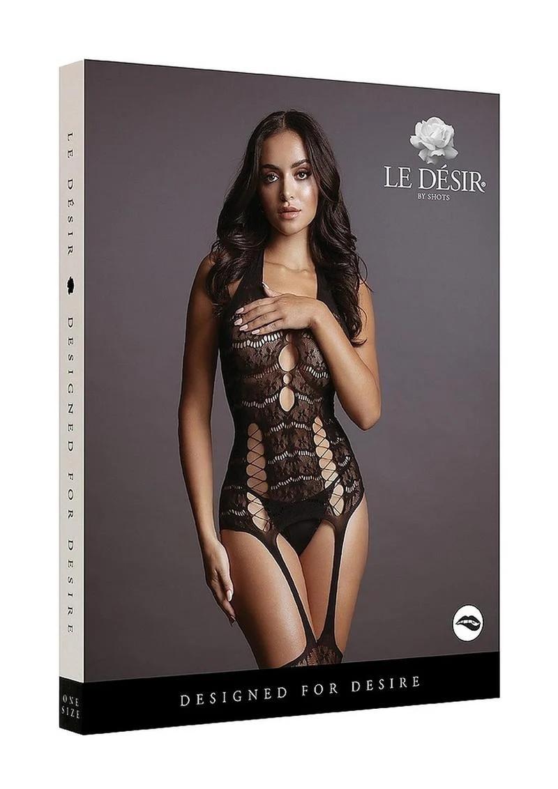Le Desire Lace Suspender Bodystocking - Black - Image 5