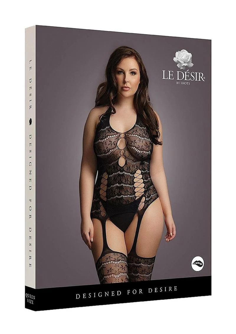 Le Desire Lace Suspender Bodystocking - Black - Image 7