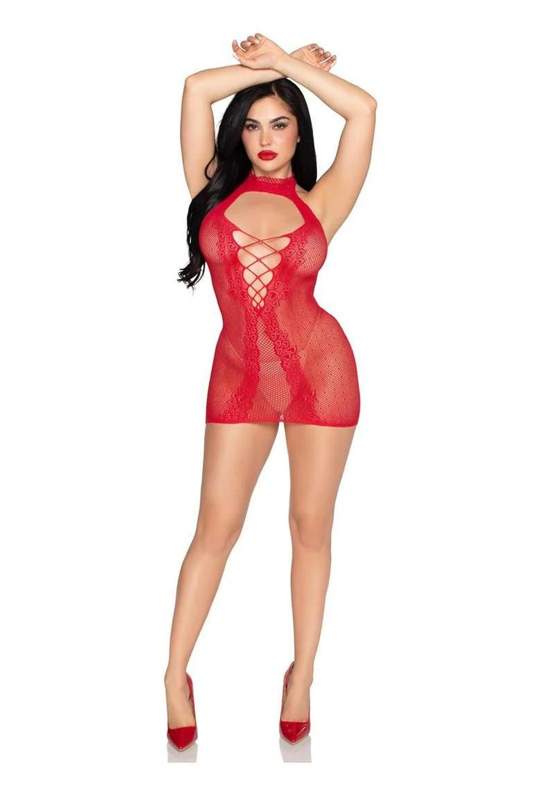 Leg Avenue Dotted Net and Lace Halter Mini Dress - Image 8