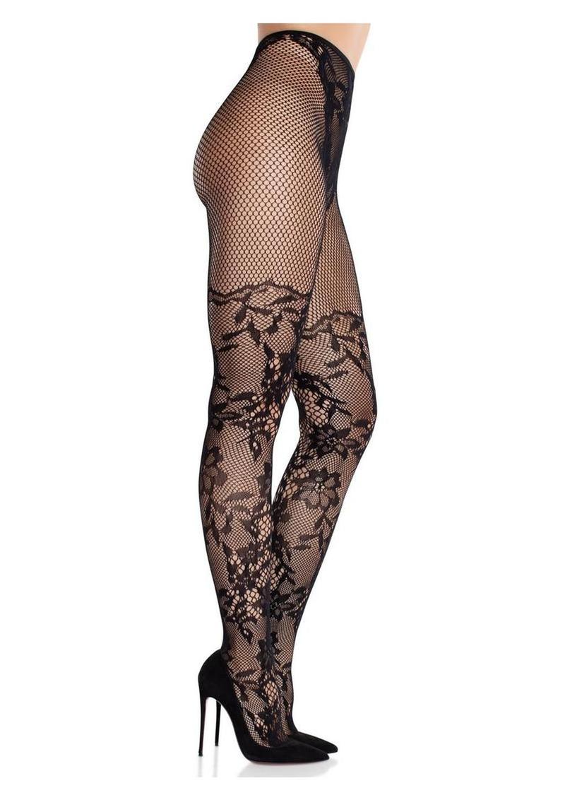 Leg Avenue French Cut Dahlia Lace Tights With Net Thigh Detail - Image 2