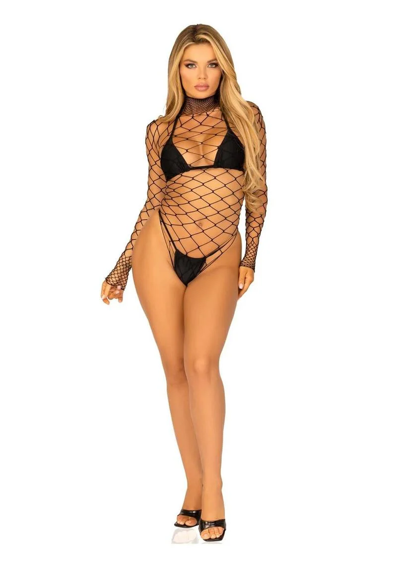 Leg Avenue High Neck Fence Net Long-Sleeved Bodysuit - Image 2