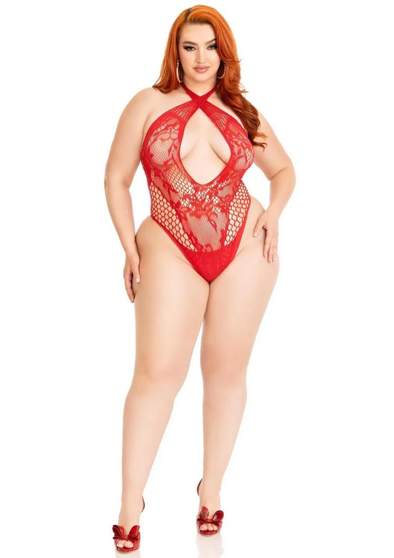 Leg Avenue Lace and Net Keyhole Crossover Halter Versatile Teddy - Image 3