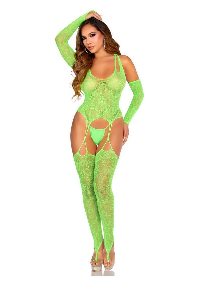 Leg Avenue Neon Green Lace Cami Garter Set - Image 4