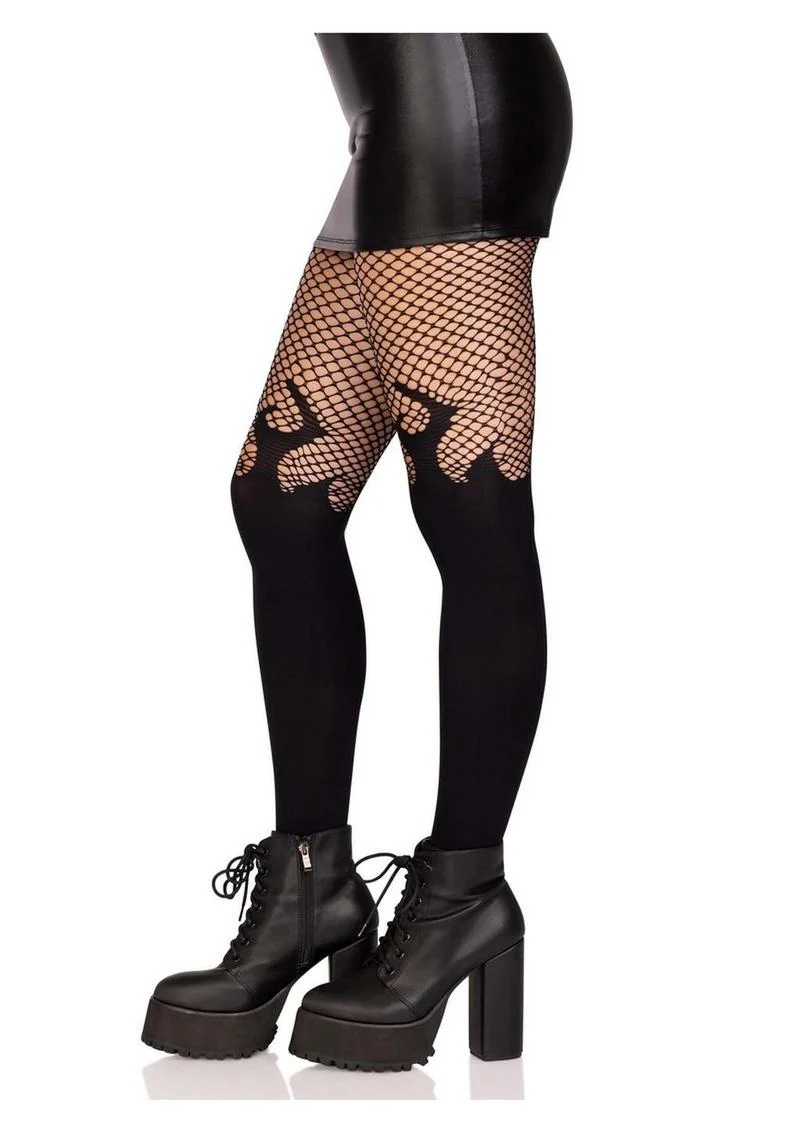 Leg Avenue Opaque Flame Tights with Fishnet Top - Image 2