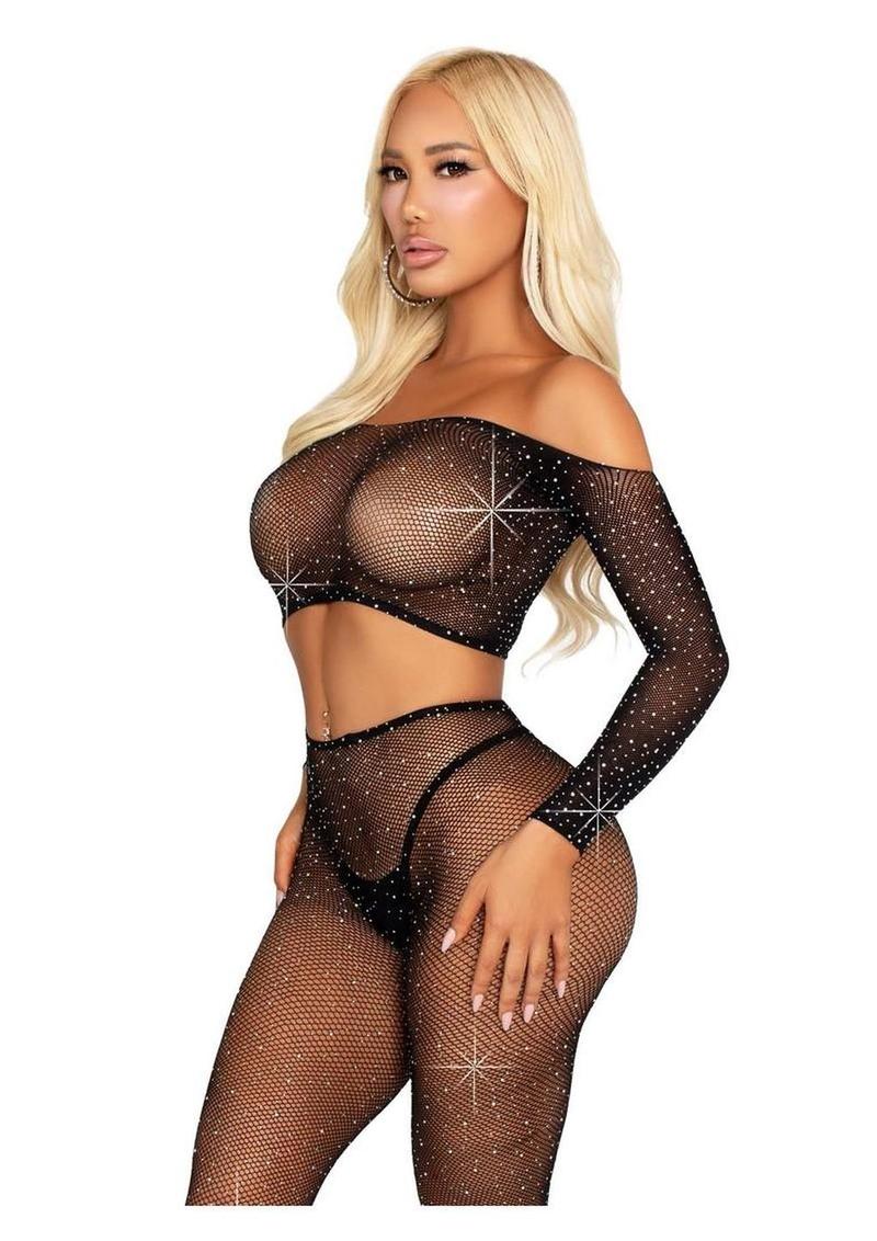 Leg Avenue Rhinestone Fishnet Crop Top and Footless Tights - Image 2