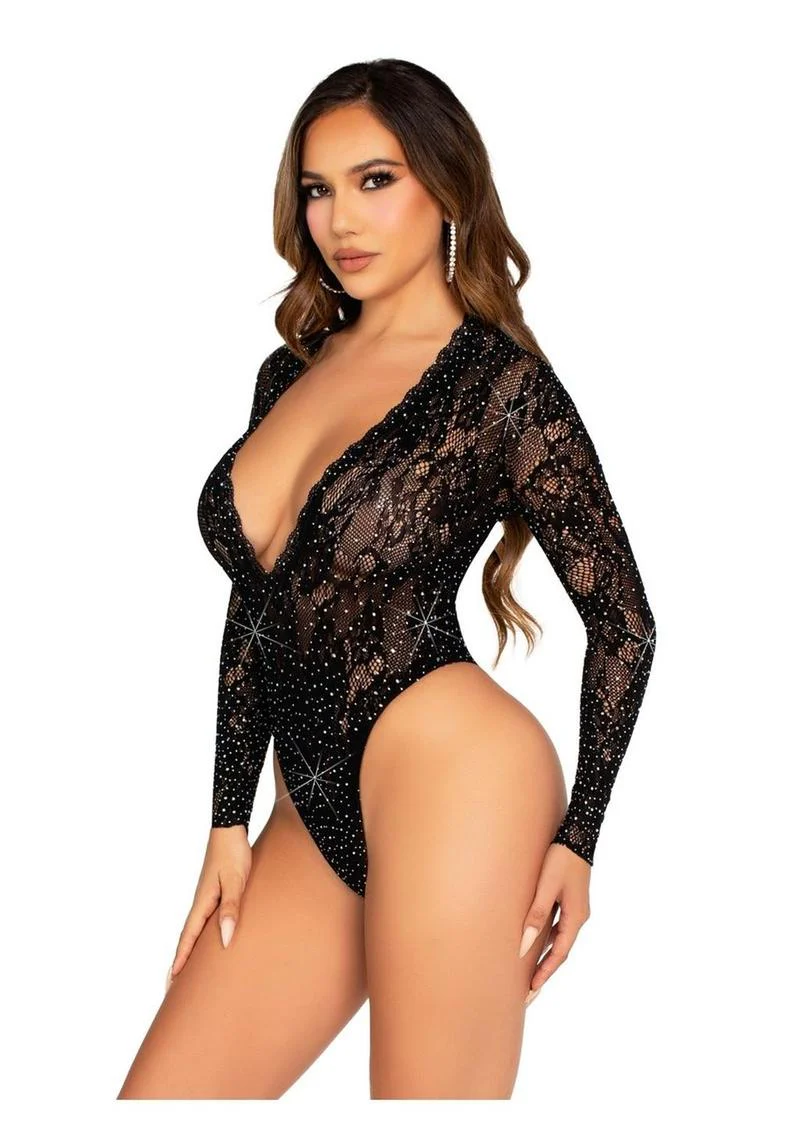 Leg Avenue Rhinestone Lace Deep V High-Cut Bodysuit - Image 2