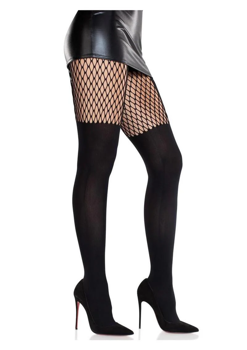 Leg Avenue Seamless Opaque Garter Illusion Tights With Net Thighs - Image 2
