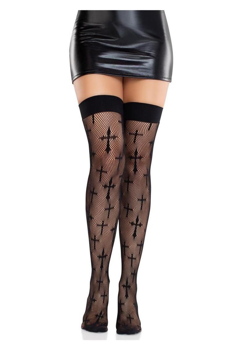 Black Fishnet Cross Pattern Thigh High Stockings - Image 4