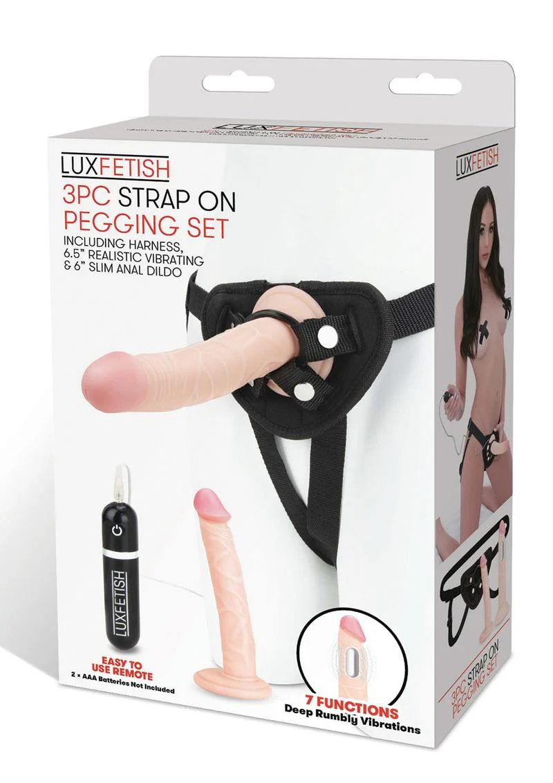 Lux Fetish 3PC Strap-On Pegging Set with Remote Control Slim Dildo - Image 4