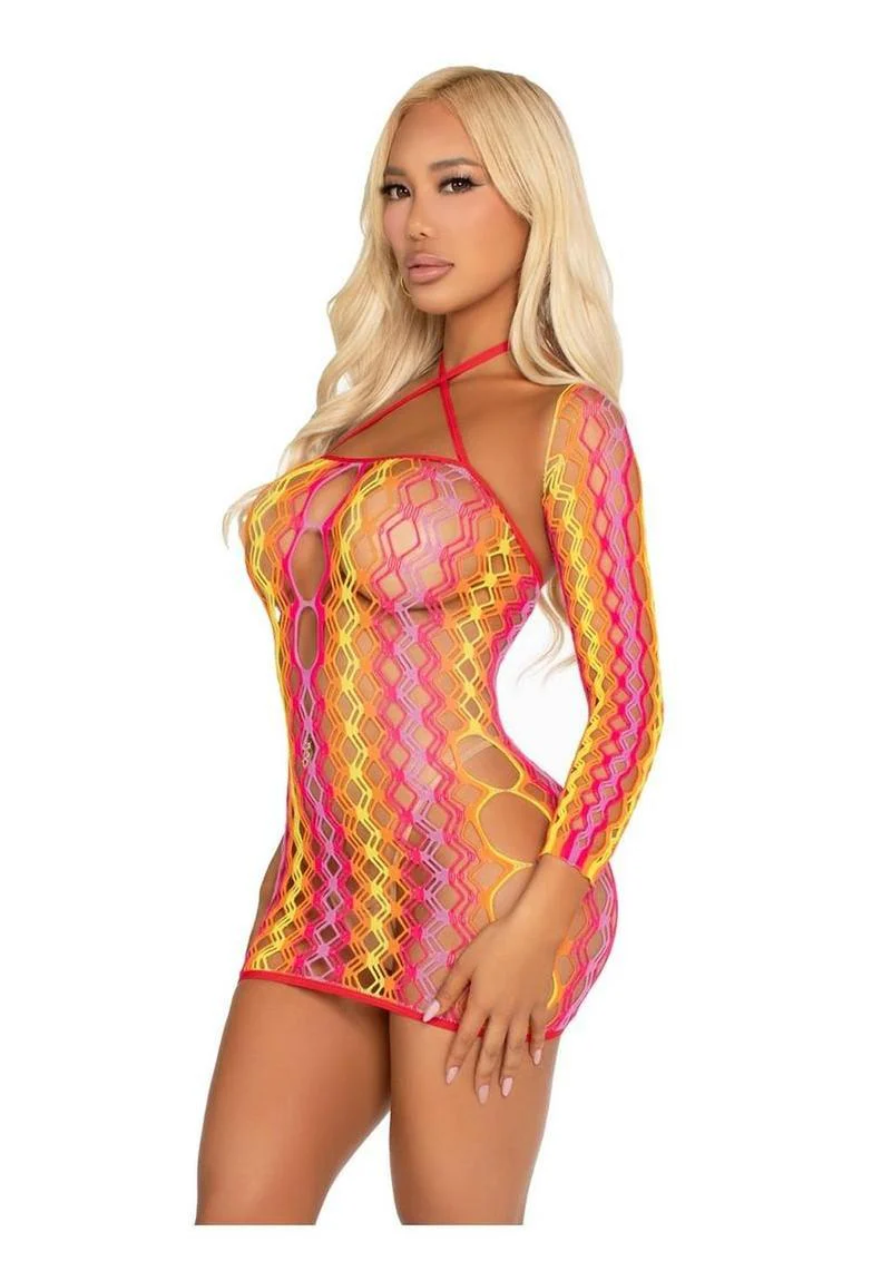 Multicolor Zig-Zag Net Mini Dress With Halter and Shrug - Image 2
