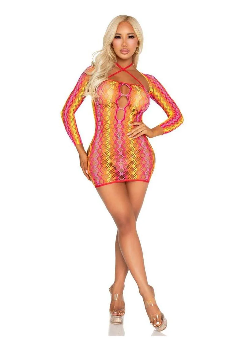Multicolor Zig-Zag Net Mini Dress With Halter and Shrug - Image 4