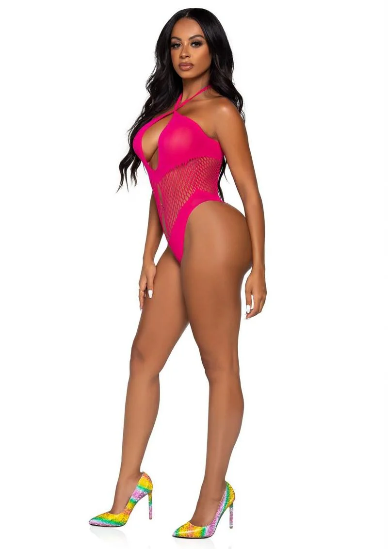 Neon Orange Seamless Hexi-Net Keyhole Halter Bodysuit - Image 9