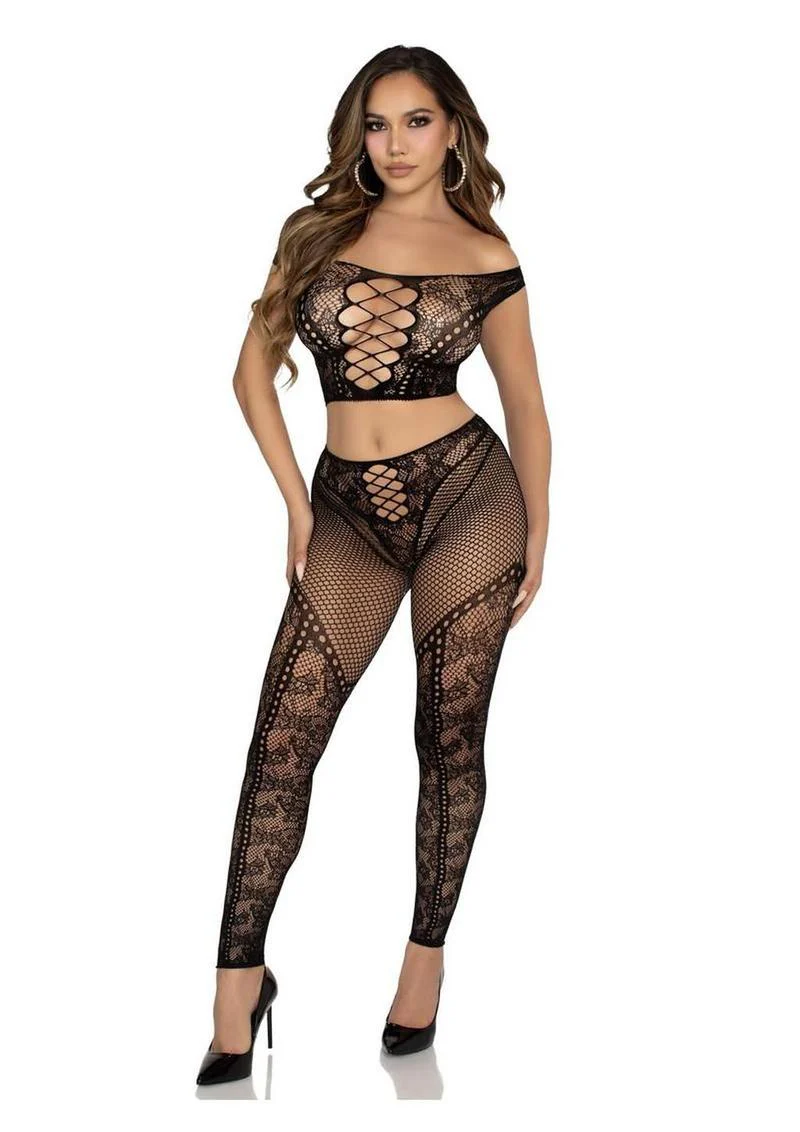 Net With Lace Off Shoulder Crop Top And Footless Tights Set - Image 4