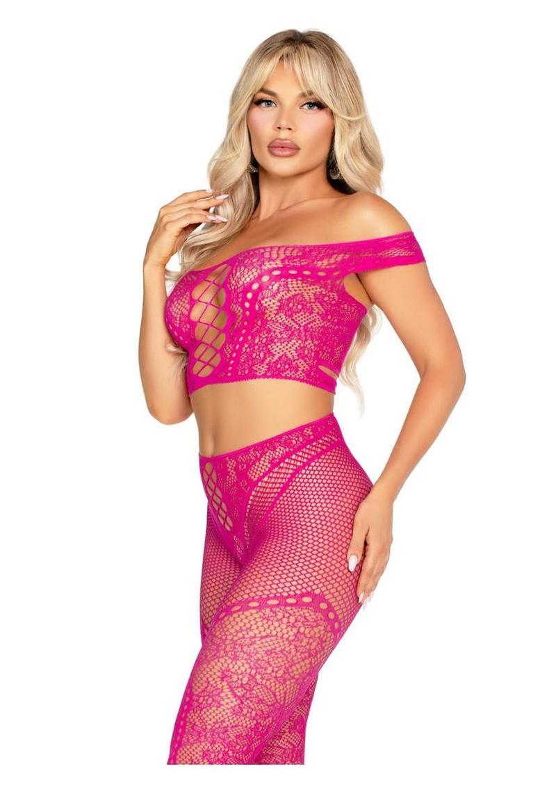 Net With Lace Off Shoulder Crop Top And Footless Tights Set - Image 6