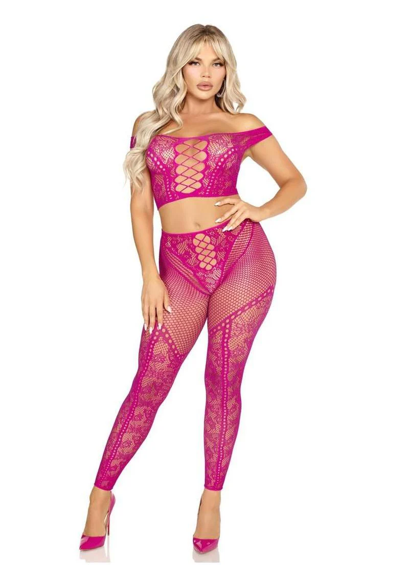Net With Lace Off Shoulder Crop Top And Footless Tights Set - Image 8