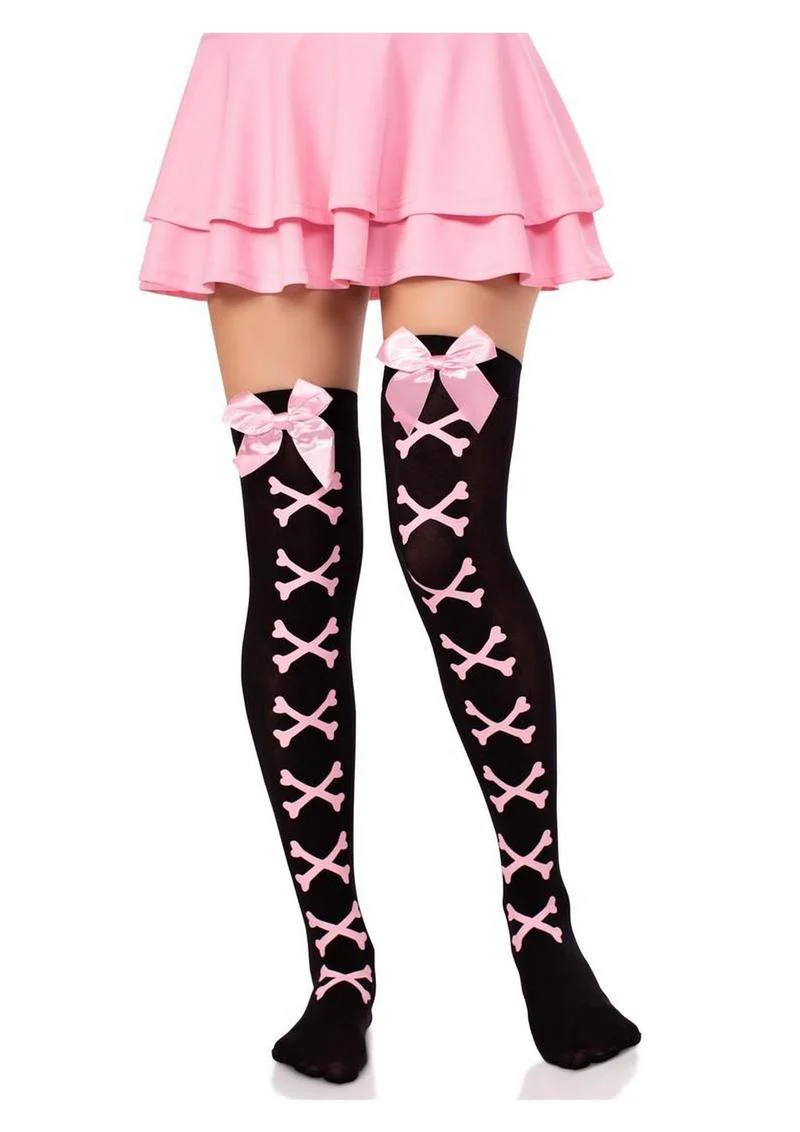 Opaque Crossbone Thigh High Stockings With Satin Bows - Image 3