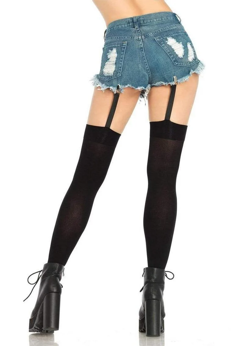 Opaque Thigh Highs with Attached Clip Garter - Image 3
