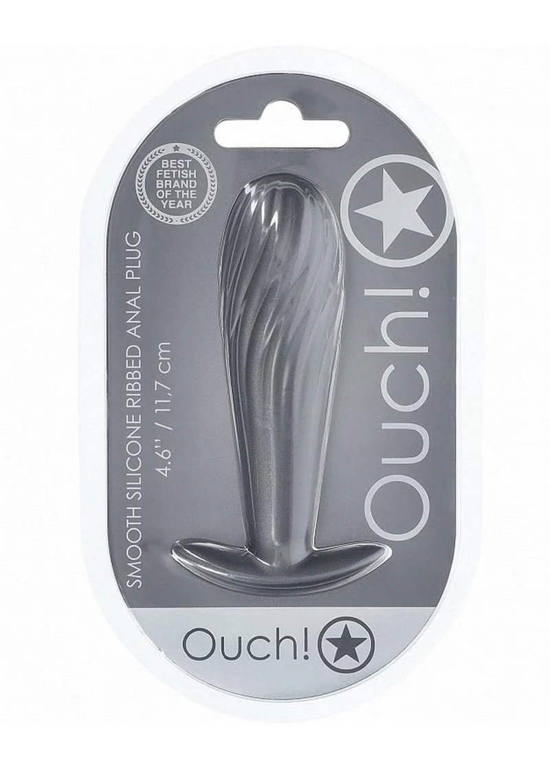 Ouch! Smooth Silicone Ribbed Anal Plug – Gun Metal - Image 2