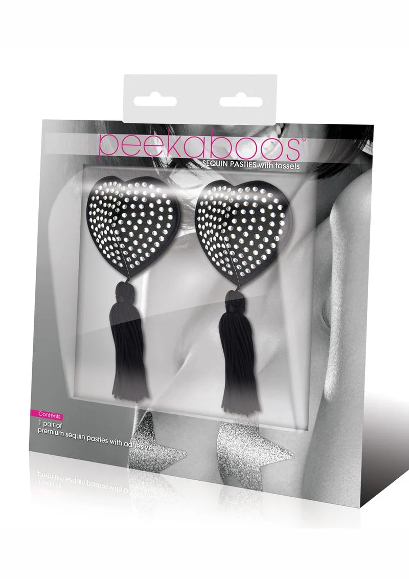 Peekaboos Heart Sequin Tassel Pasties Black White Premium Adhesive - Image 3