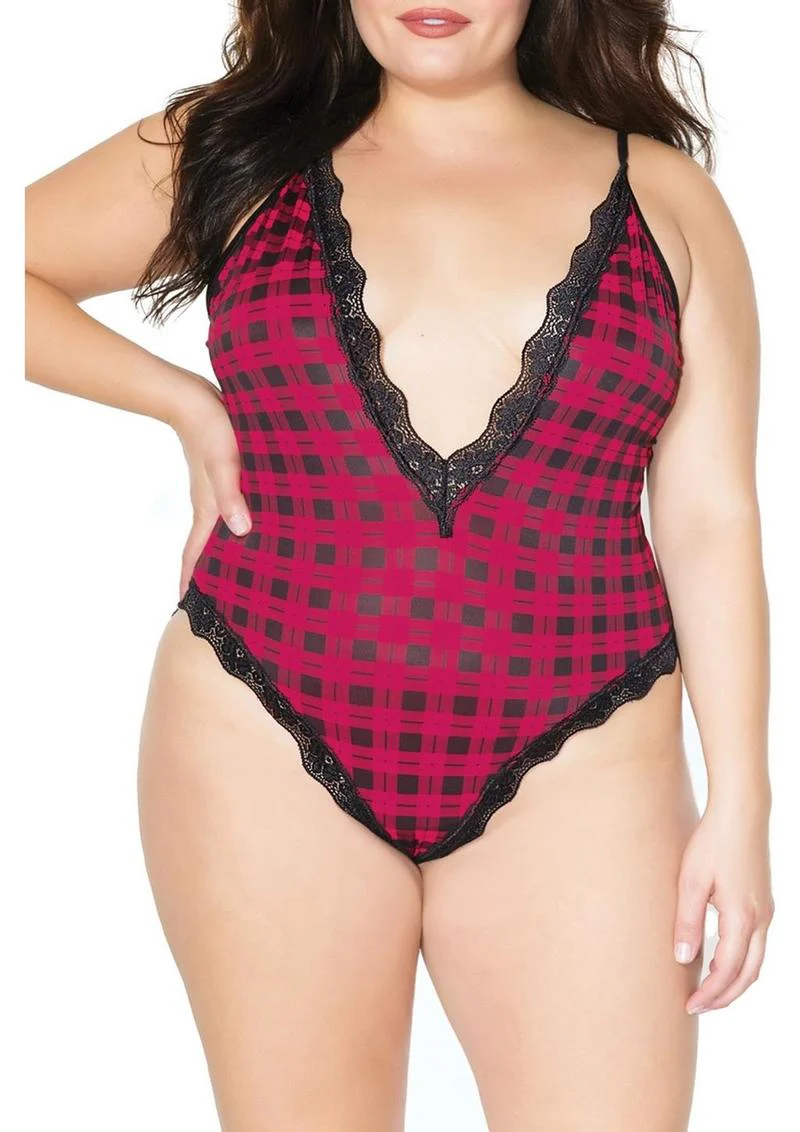 Pink Pussycat Plaid Teddy - Sexy Lace Trim One-Piece Bodysuit - Image 3